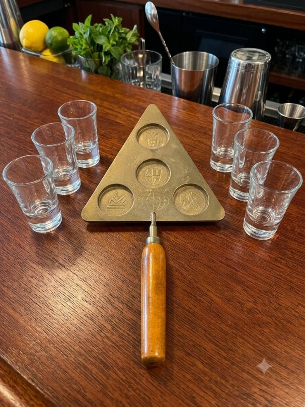 Vintage Freemasonry Brass Wooden Handle Trowel Shot Glass Serving Tray Barware